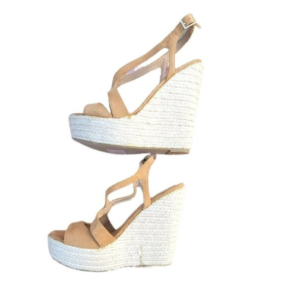 Beige Suede Platform Sandals Heels Wedges XOXO Sabeen Sand Neutral Size 8 LH8228 - Picture 5 of 8